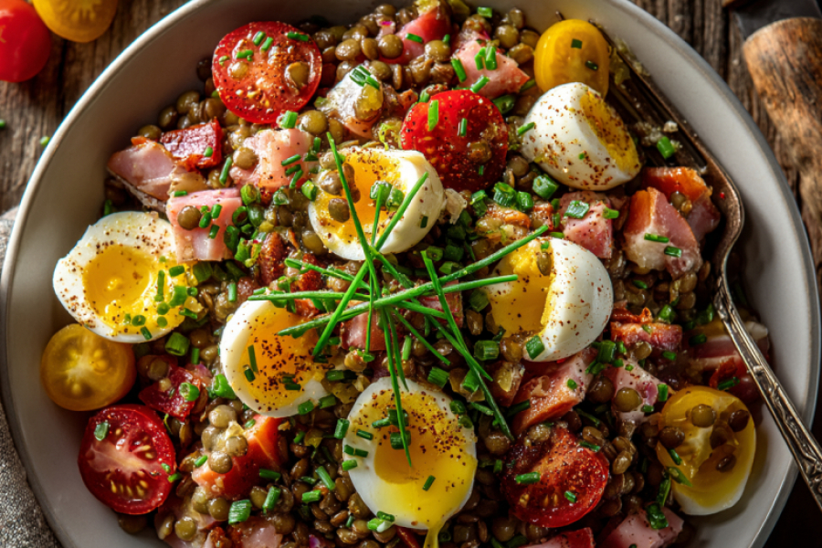 Этот салат из чечевицы &mdash; мой секрет сытного и полезного обеда за 15 минут. С горчичной заправкой, черри и перепелиными яйцами