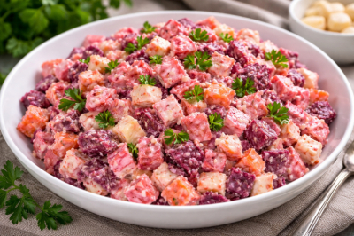 Простой до безобразия, но вкусный: салат &laquo;Розовый фламинго&raquo; из свёклы и крабовых палочек